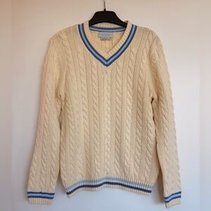 Kids Cream Cable Knit Sweater with Blue Trim